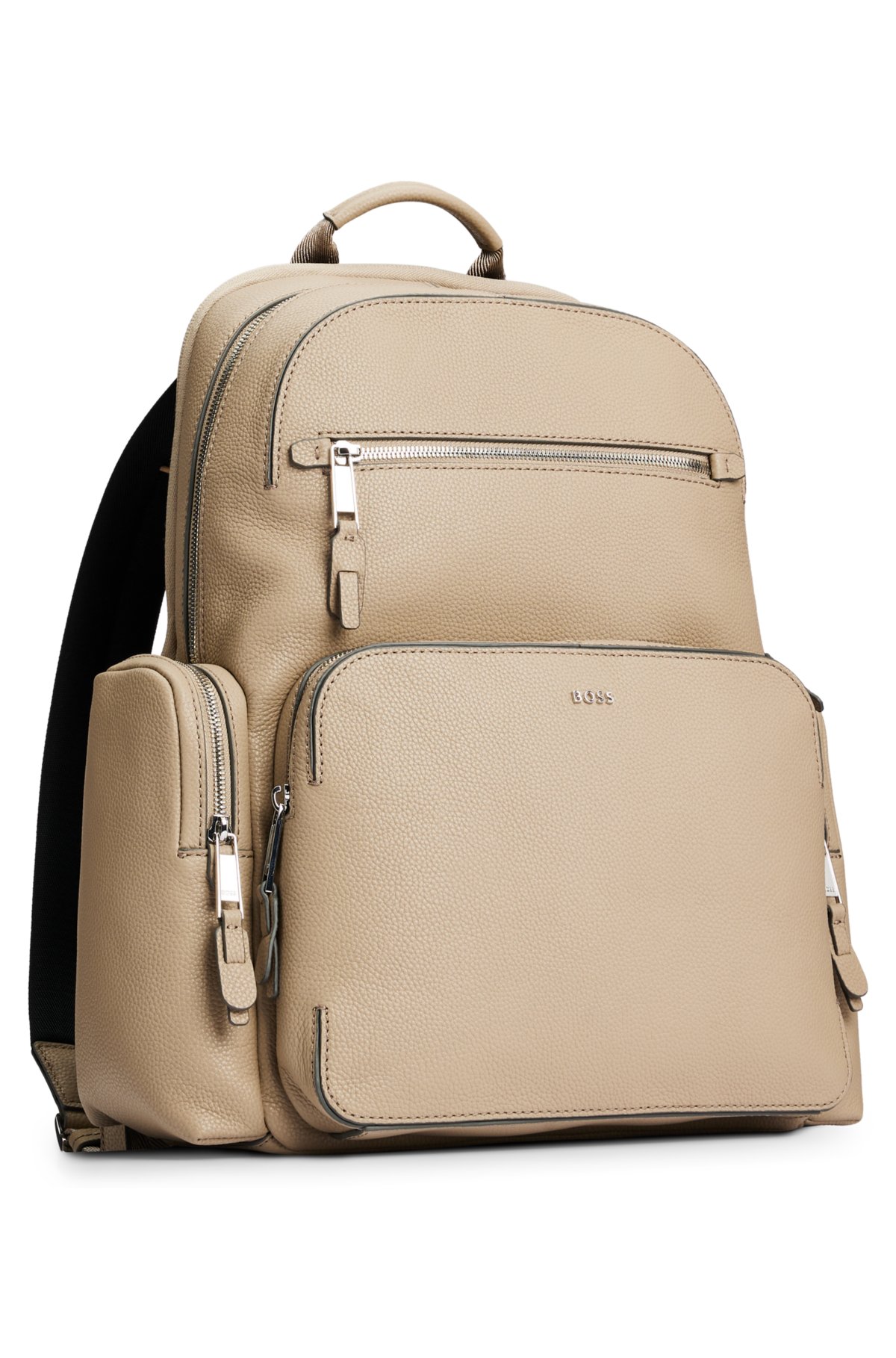 Grained-leather backpack with logo lettering, Light Beige