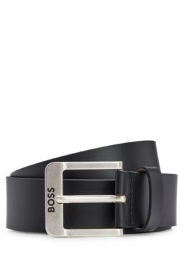 BOSS - Buffalo-leather belt with logo buckle in silver hardware - Black