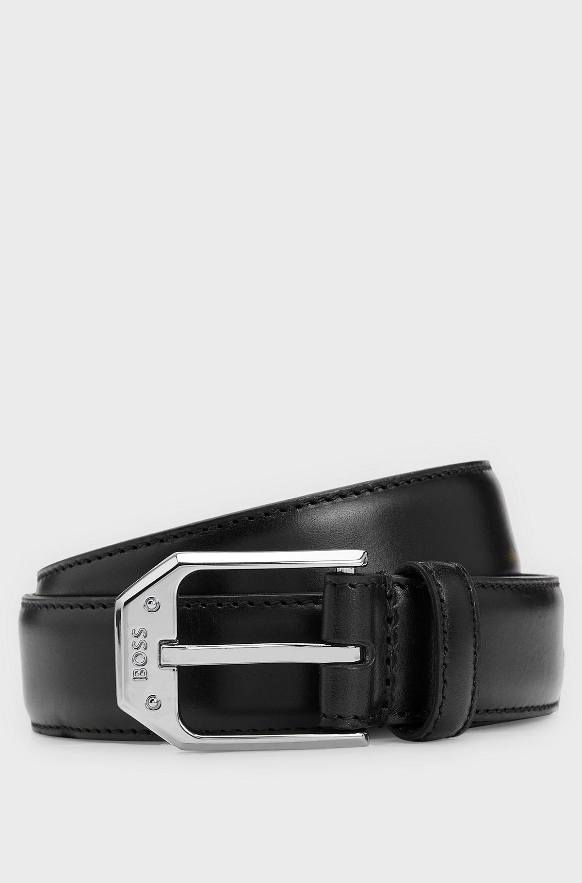 Buffalo-leather belt with logo buckle in silver hardware, Black