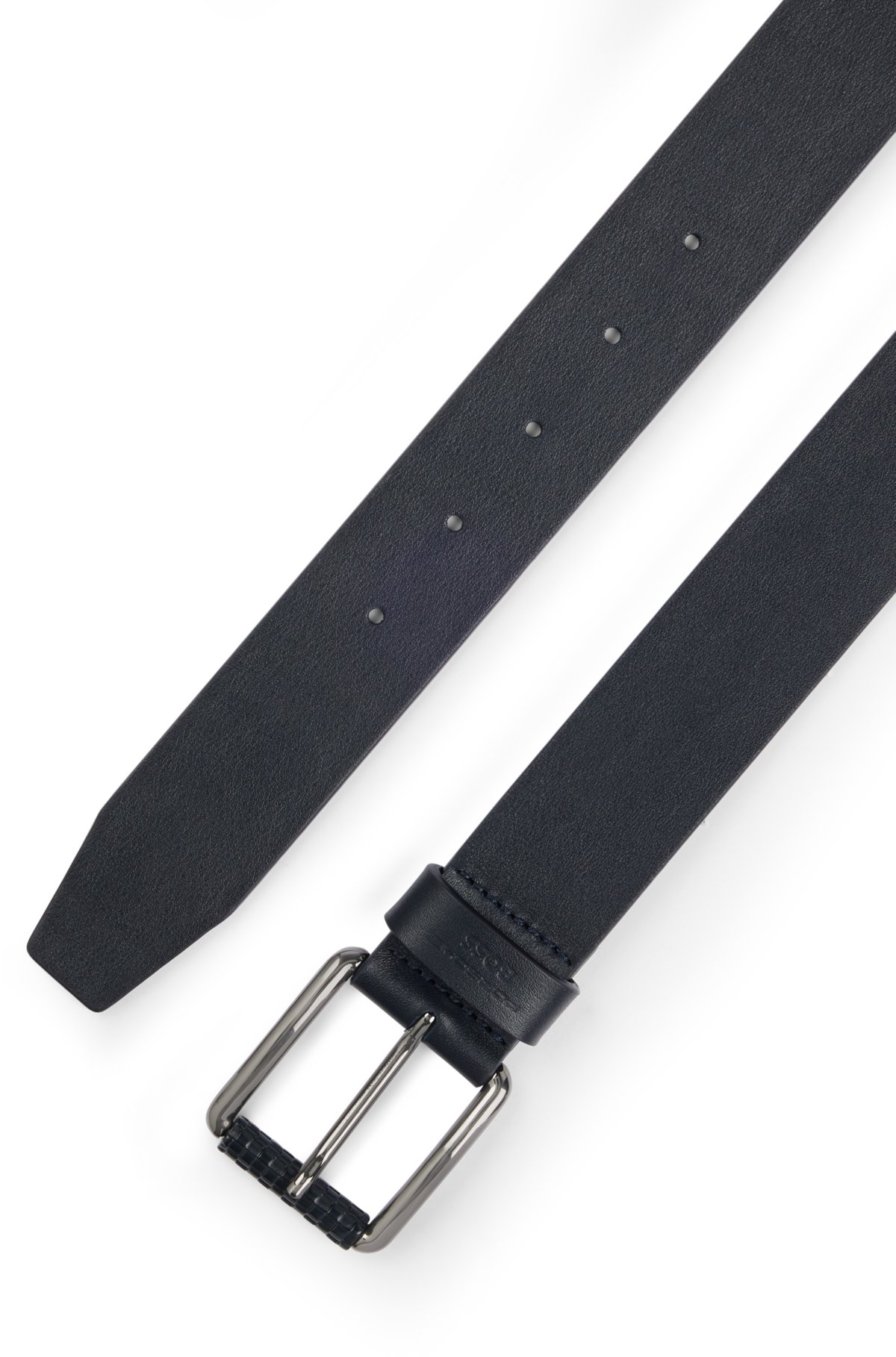Porsche x BOSS Italian-leather belt with branded keeper, Dark Blue