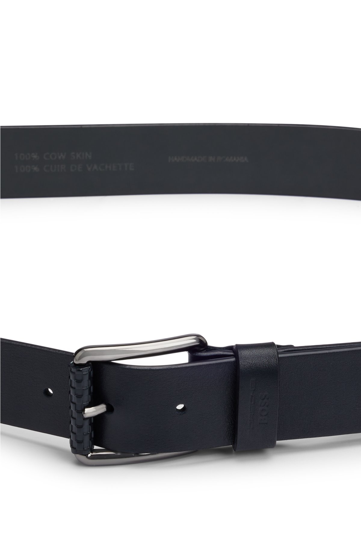 Porsche x BOSS Italian-leather belt with branded keeper, Dark Blue