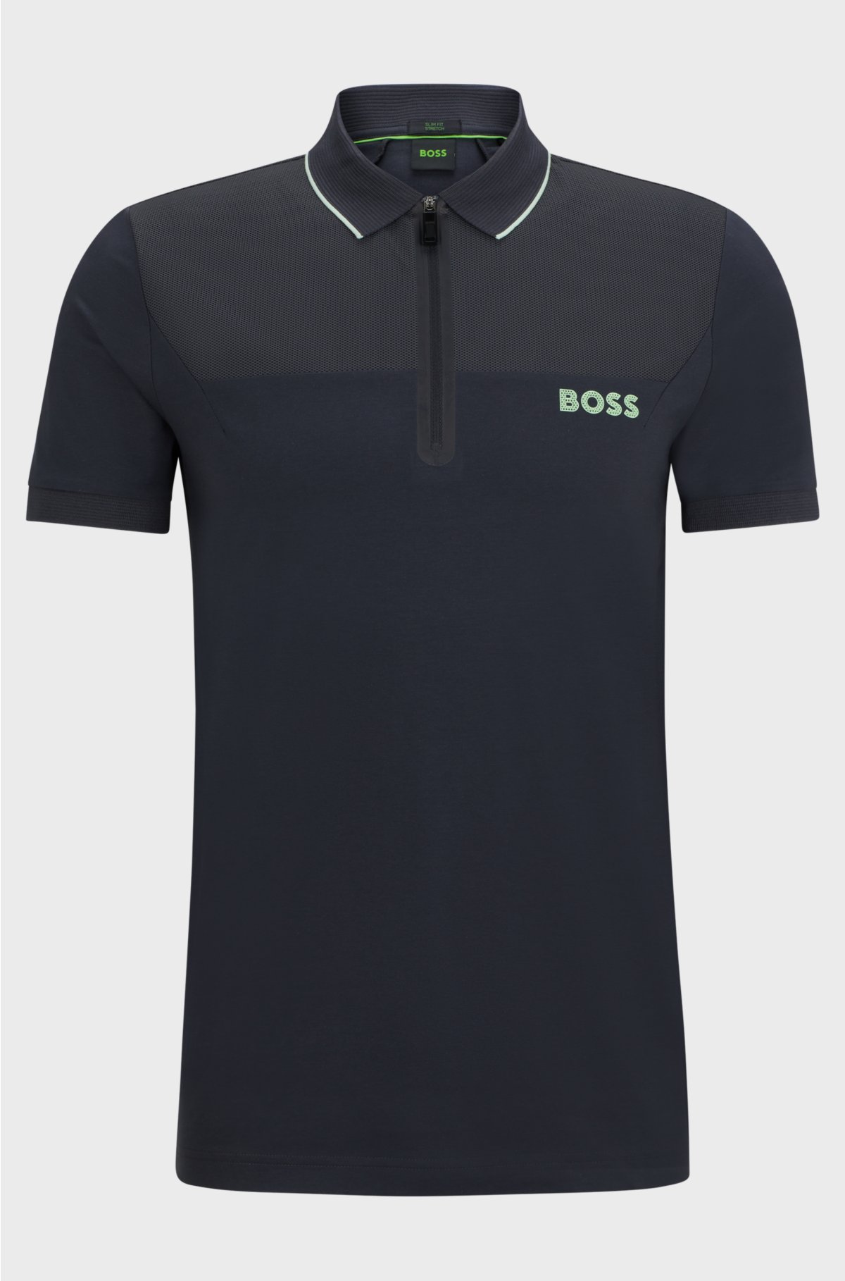 BOSS - ジップネック スリムフィット ポロシャツ メッシュディテール