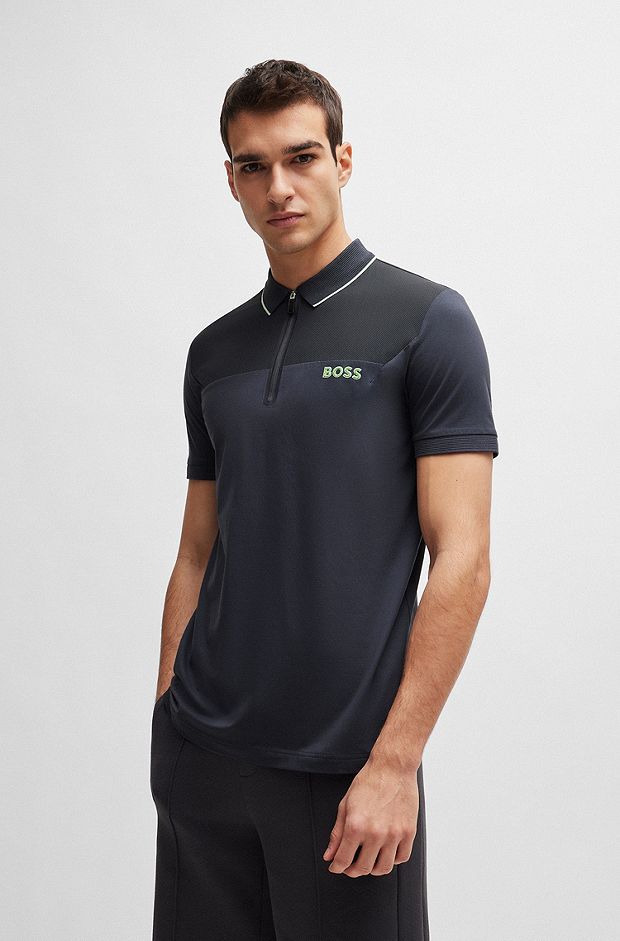 Zip-neck slim-fit polo shirt with mesh details, Dark Grey