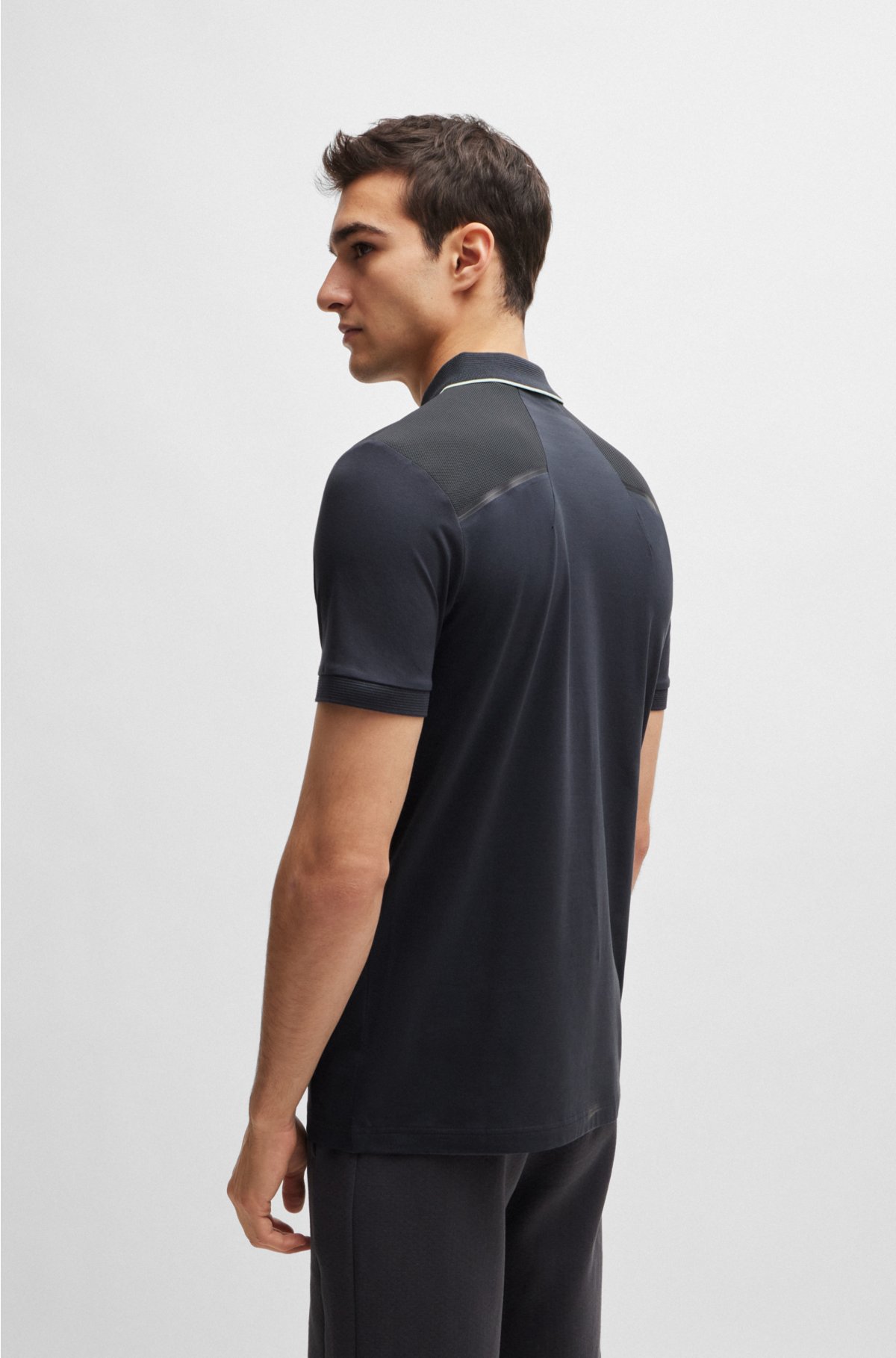 Zip-neck slim-fit polo shirt with mesh details, Dark Grey