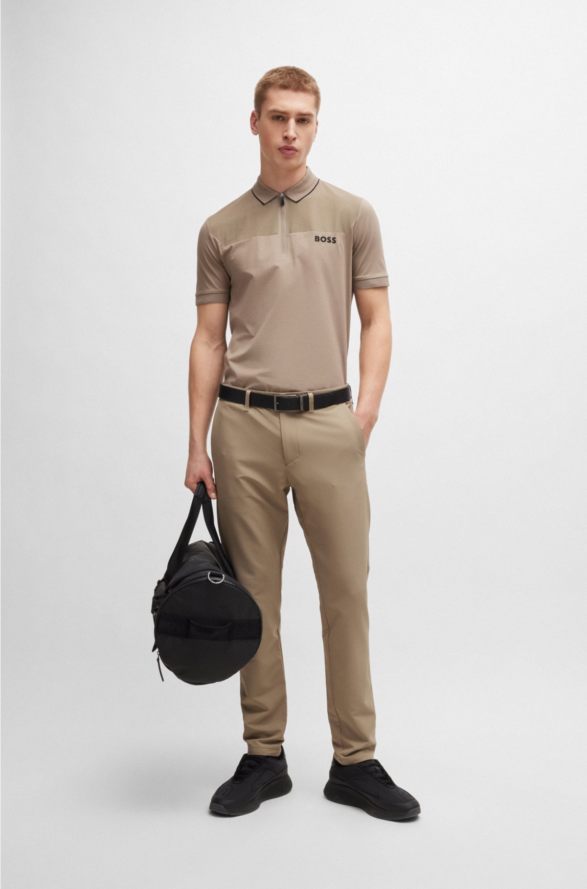 Zip-neck slim-fit polo shirt with mesh details, Beige
