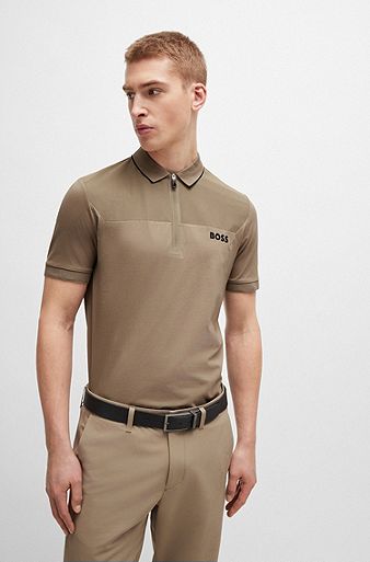 Zip-neck slim-fit polo shirt with mesh details, Beige