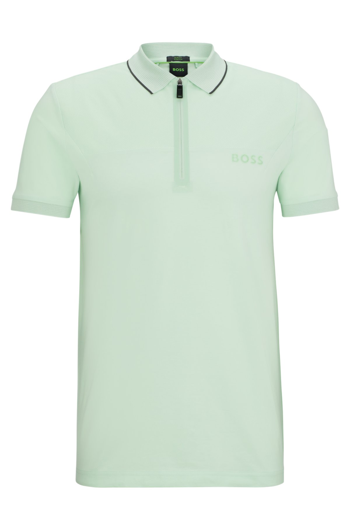 Zip-neck slim-fit polo shirt with mesh details, Light Green