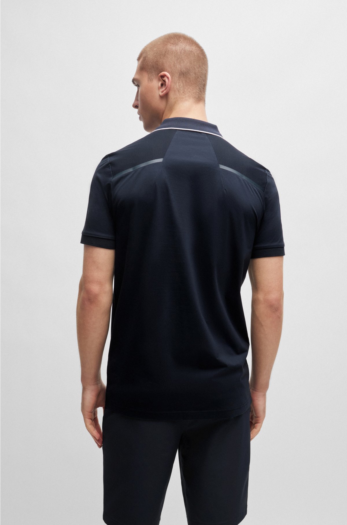 Zip-neck slim-fit polo shirt with mesh details, Dark Blue
