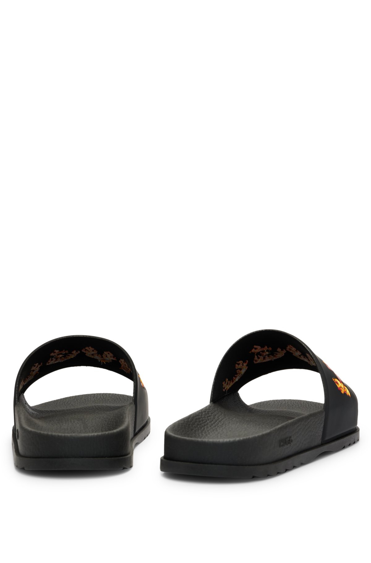 Slides with embroidered flame logo, Black