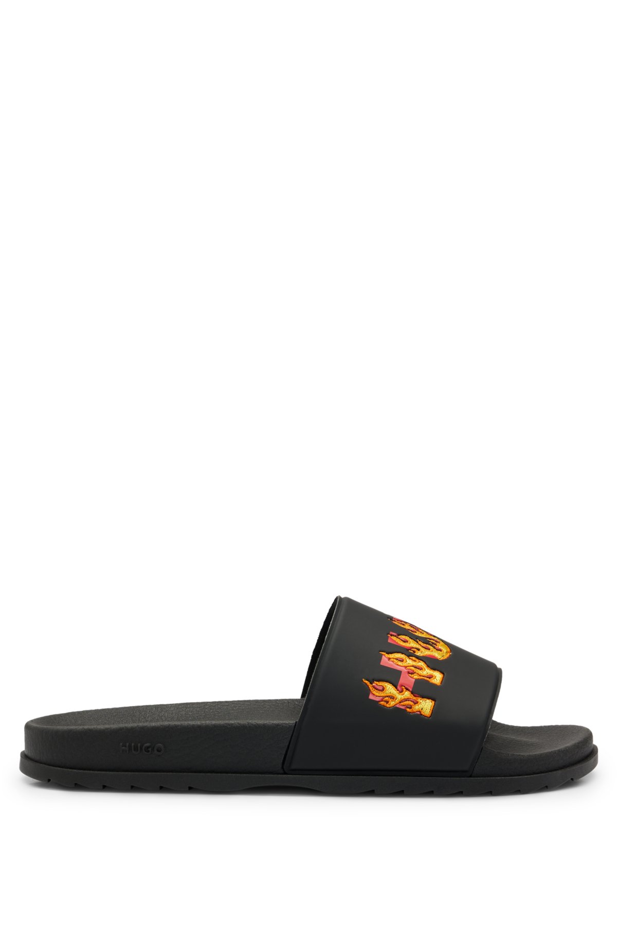 Slides with embroidered flame logo, Black
