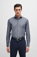 Slim-fit shirt in easy-iron structured stretch cotton, Dark Blue