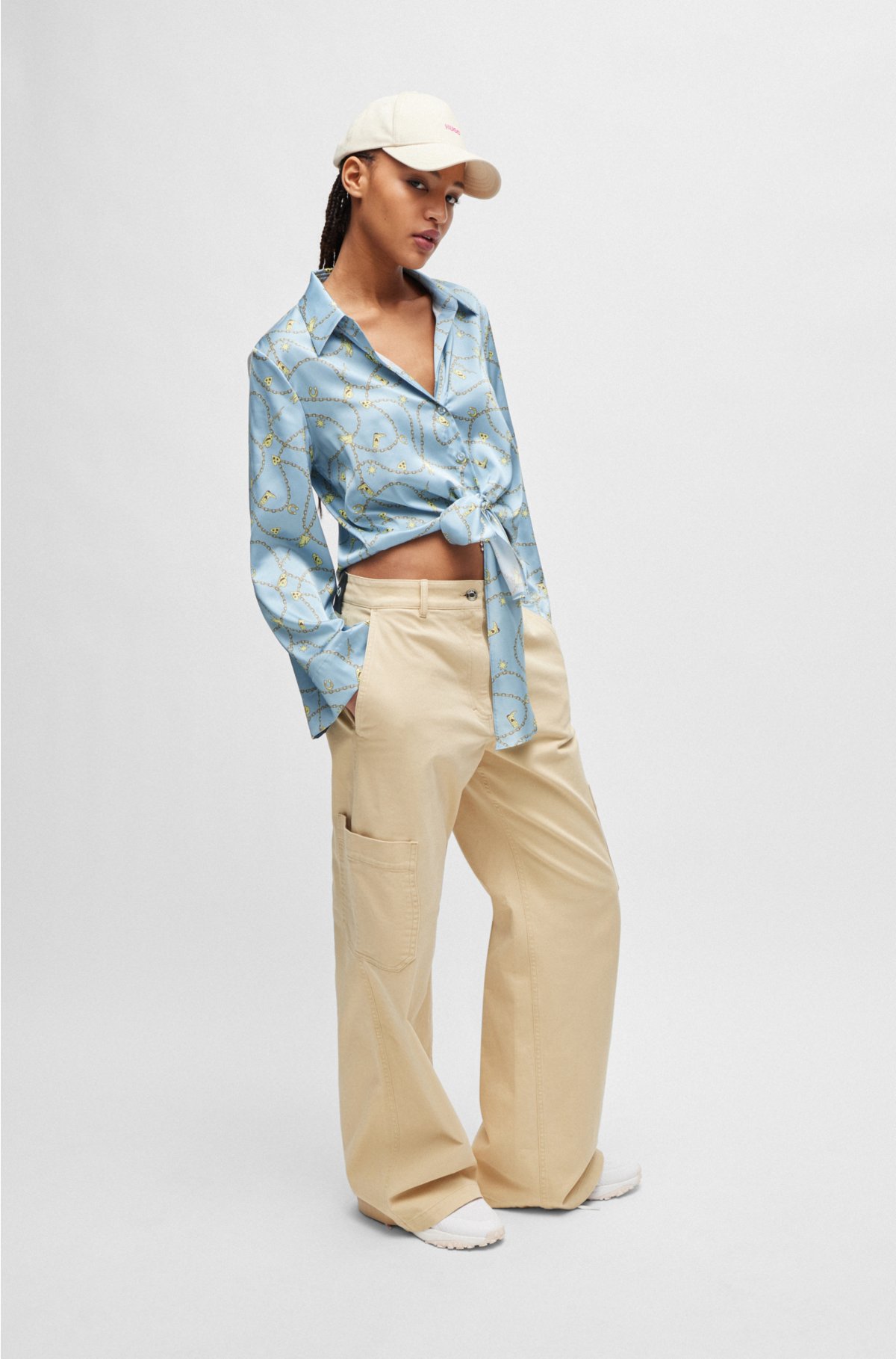 Relaxed-fit blouse in printed stretch satin, Blue Patterned