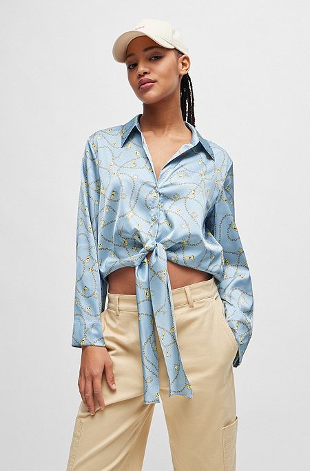 Relaxed-fit blouse in printed stretch satin, Patterned