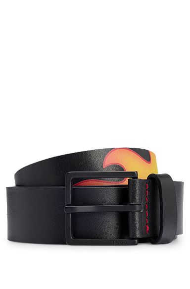 Reversible Italian-leather belt with stacked logo and flames, Black
