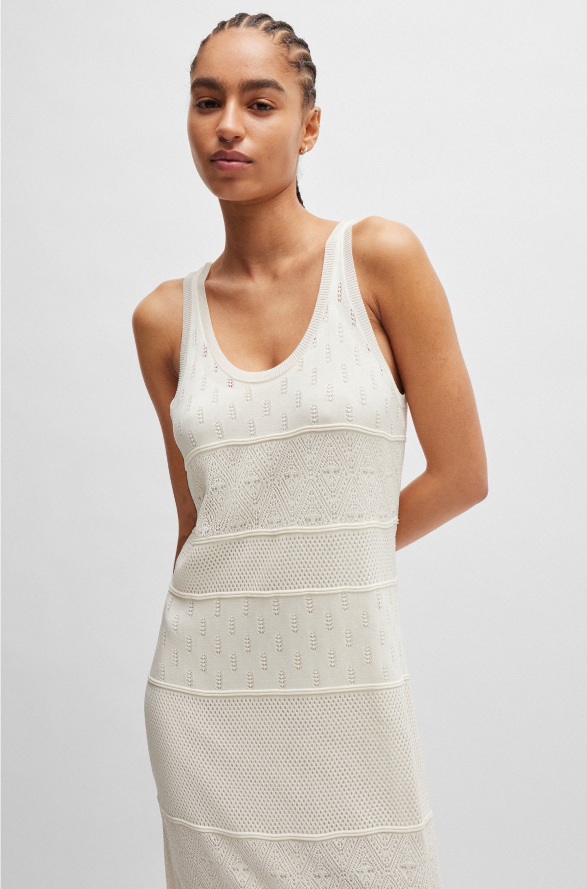 Knitted dress in midi length with mixed structures, White