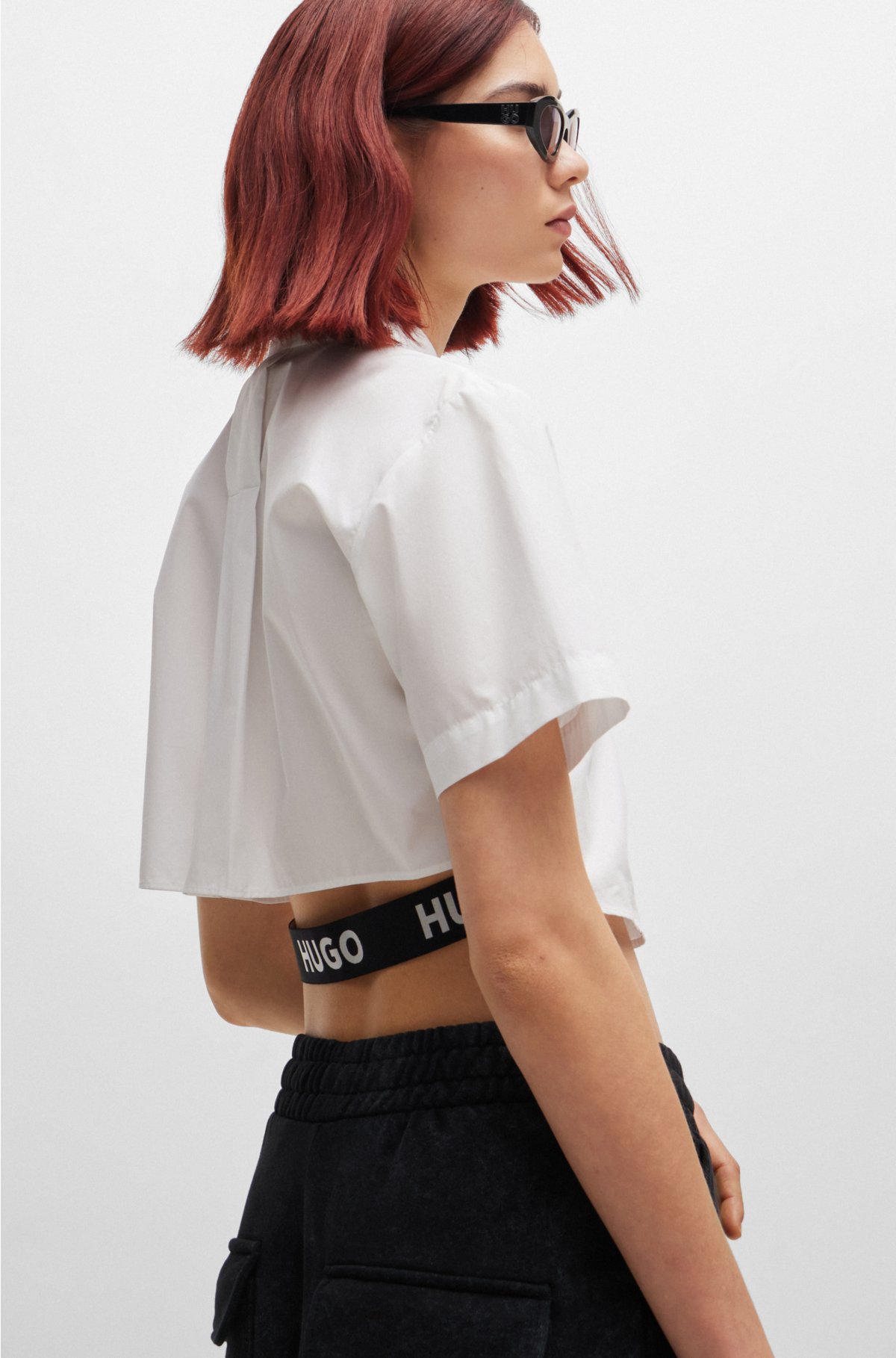 Cropped regular-fit blouse with rear logo elastic, White