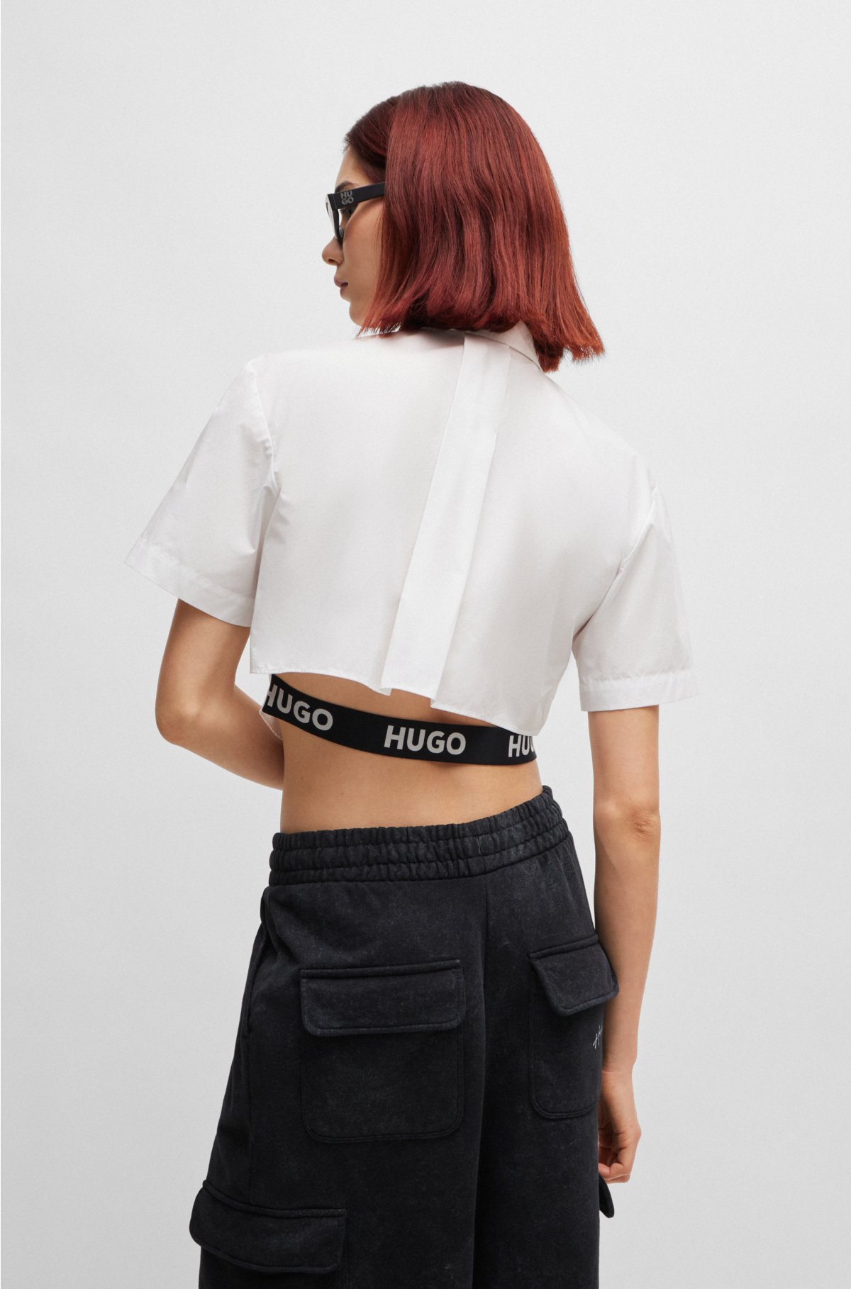 Cropped regular-fit blouse with rear logo elastic, White