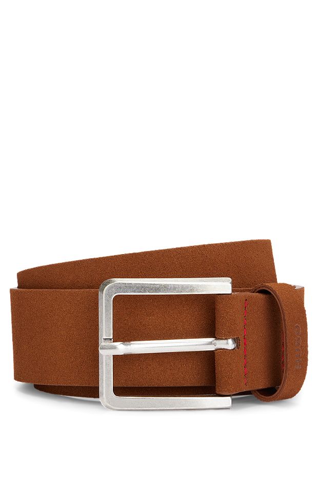 Suede belt with silver-tone buckle, Brown