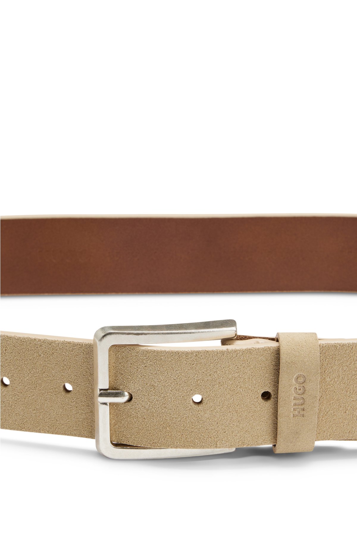 Suede belt with silver-tone buckle, Light Beige