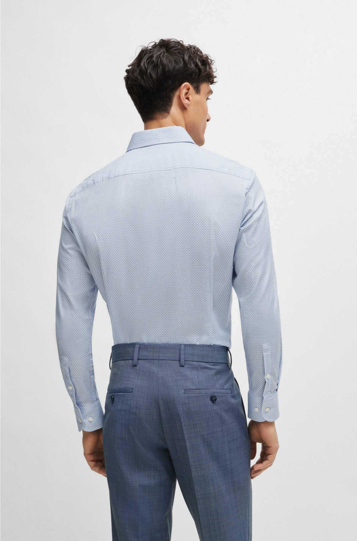 Slim-fit shirt in printed stretch-cotton dobby, Light Blue