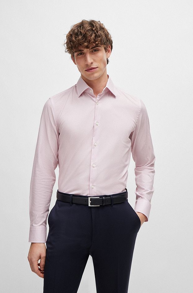 Slim-fit shirt in printed stretch-cotton dobby, light pink