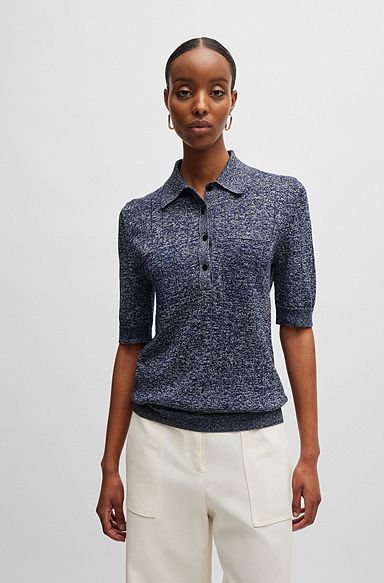 Linen-blend sweater with polo collar, Dark Blue