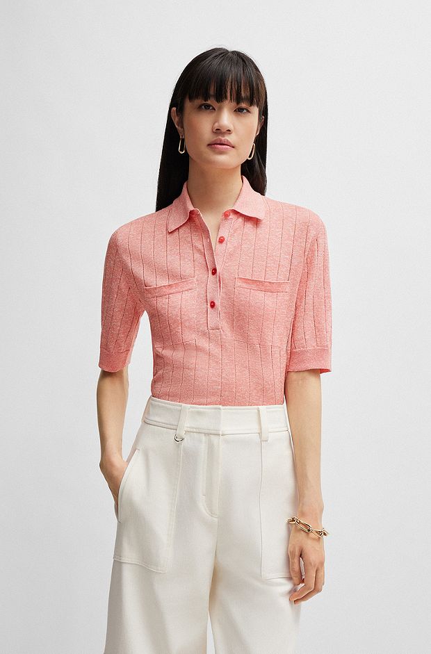 Linen-blend sweater with polo collar, light pink