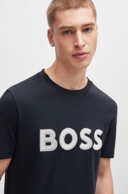 Cotton-jersey regular-fit T-shirt with mesh logo, Dark Blue