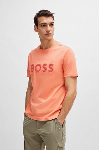 Regular-fit T-shirt van katoenen jersey met mesh logo, Licht oranje