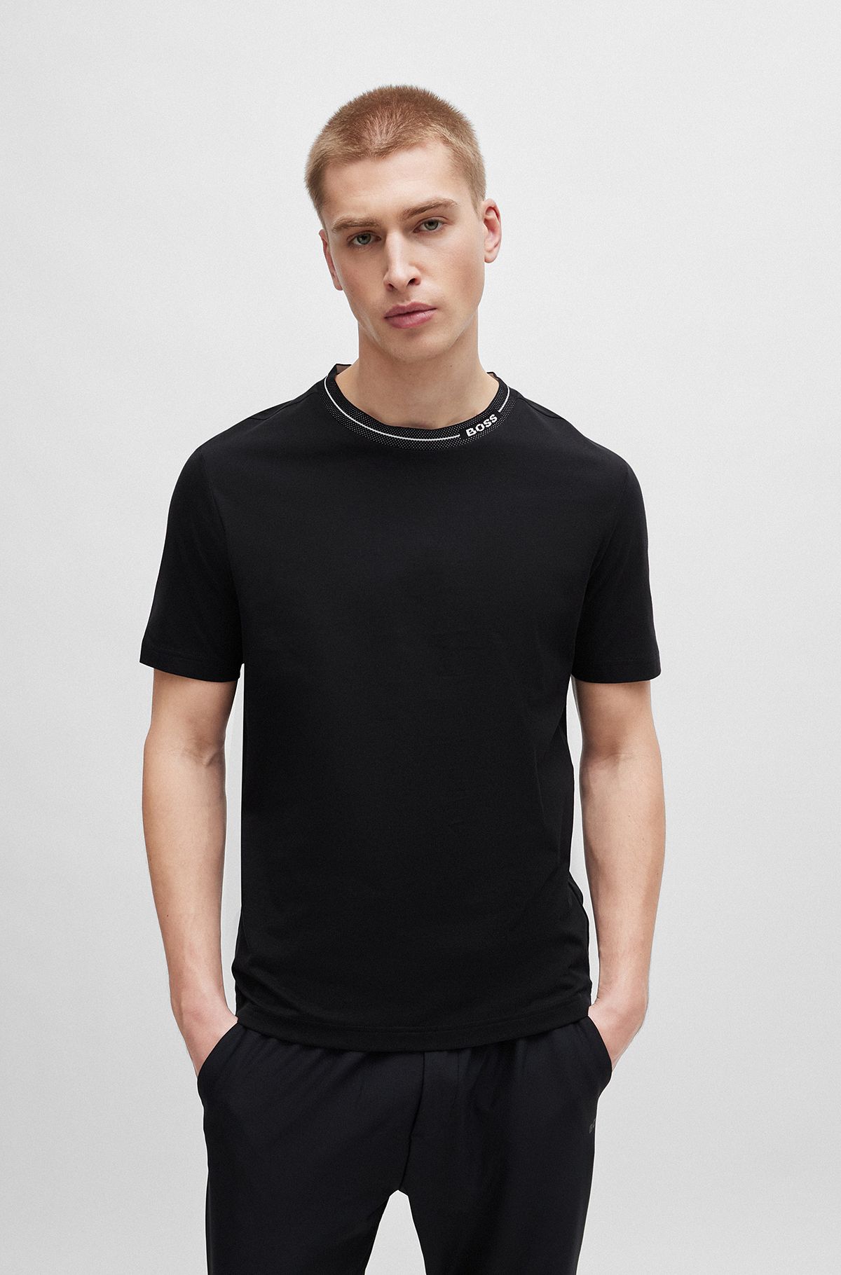 Cotton-jersey regular-fit T-shirt with branded collar, Black