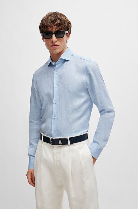 Slim-fit shirt in linen with spread collar, Light Blue