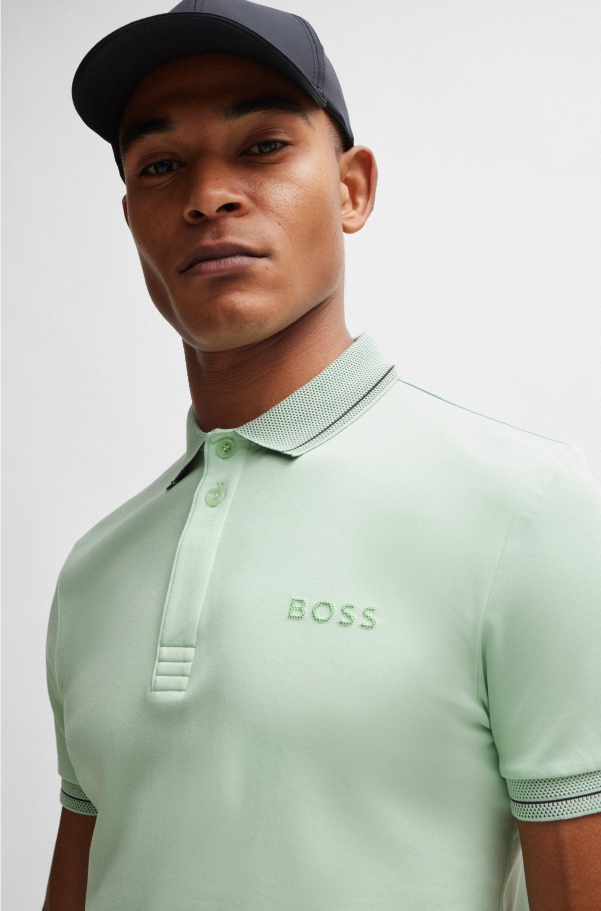 Interlock-cotton slim-fit polo shirt with mesh logo, Light Green