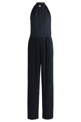 Sleeveless jumpsuit with pliss&eacute; pleats and tie belt, Dark Blue