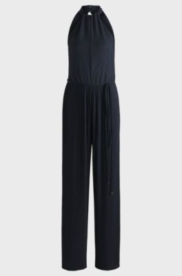 Sleeveless jumpsuit with pliss&eacute; pleats and tie belt, Dark Blue