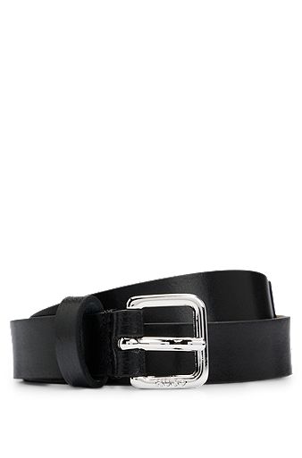 Cinturón de piel italiana con detalle de cadena de la marca, Negro