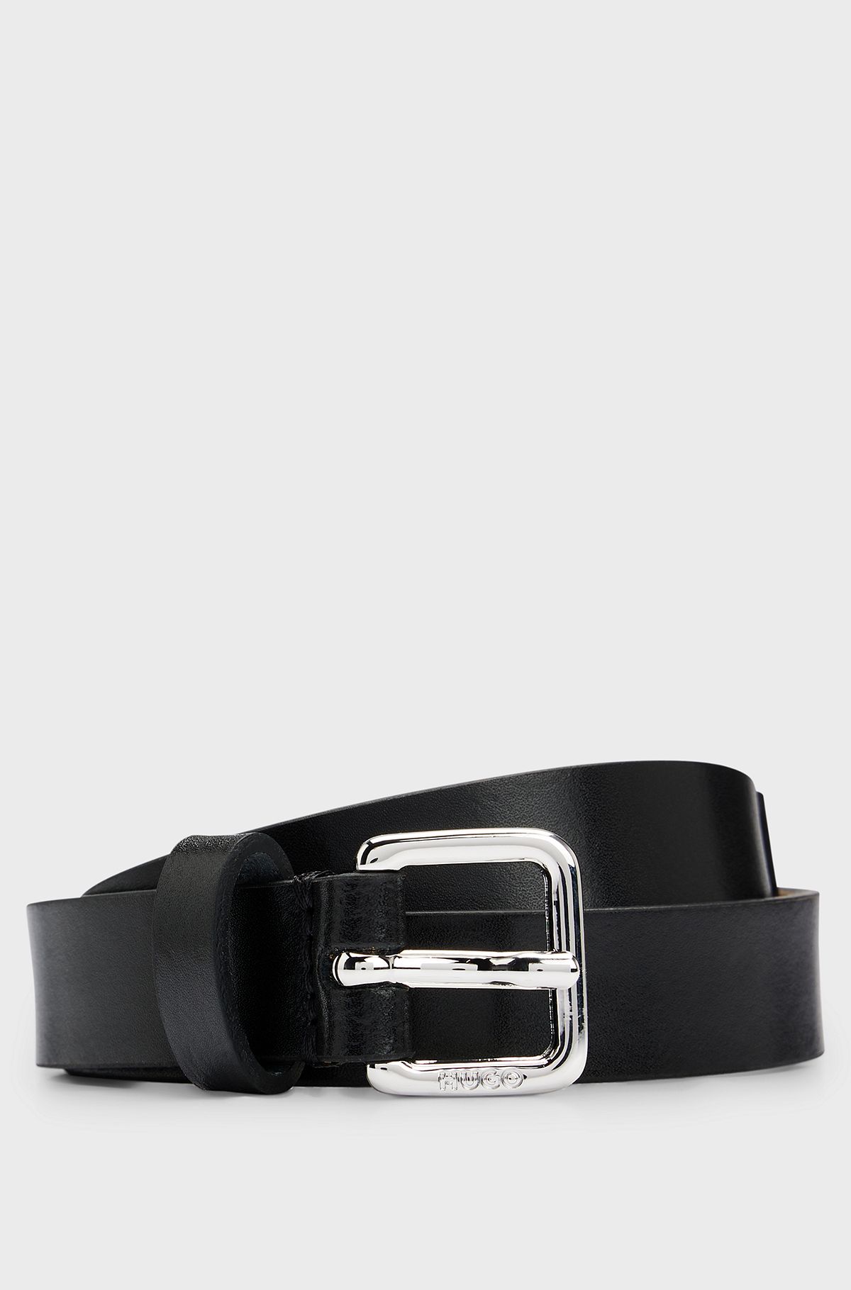 Italian-leather belt with branded chain detail, Black