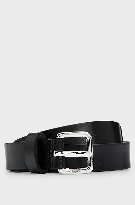 Italian-leather belt with branded chain detail, Black