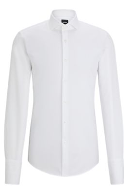 Slim-fit shirt in structured cotton with spread collar, White