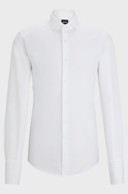 Slim-fit shirt in structured cotton with spread collar, White
