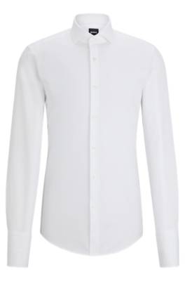 Hugo Boss Slim-fit Shirt In Structured Cotton With Spread Collar In White