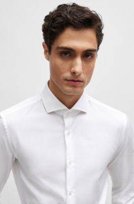Slim-fit shirt in structured cotton with spread collar, White