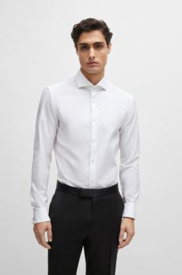 Slim-fit shirt in structured cotton with spread collar, White