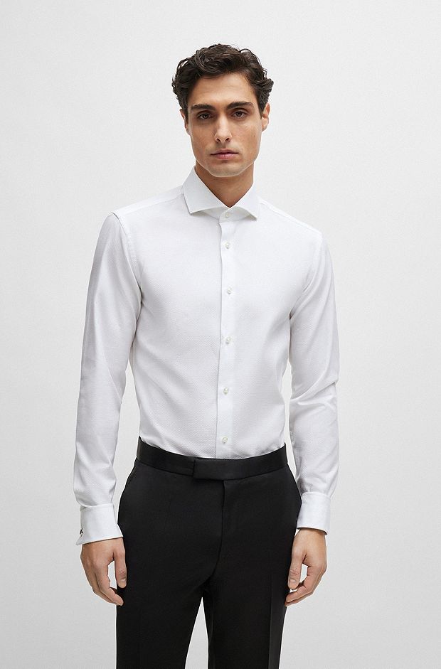 Slim-fit overhemd van gestructureerde katoen met gespreide kraag, Wit