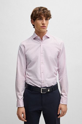 Slim-fit overhemd van gestructureerde katoen met gespreide kraag, Lichtroze