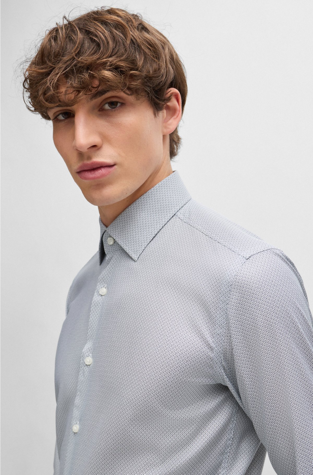 Slim-fit shirt in printed performance-stretch twill, White