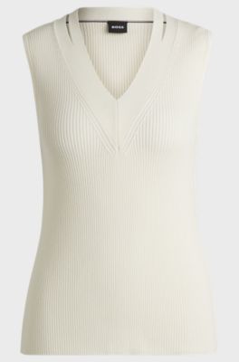Sleeveless knitted top with cut-out details, Natural