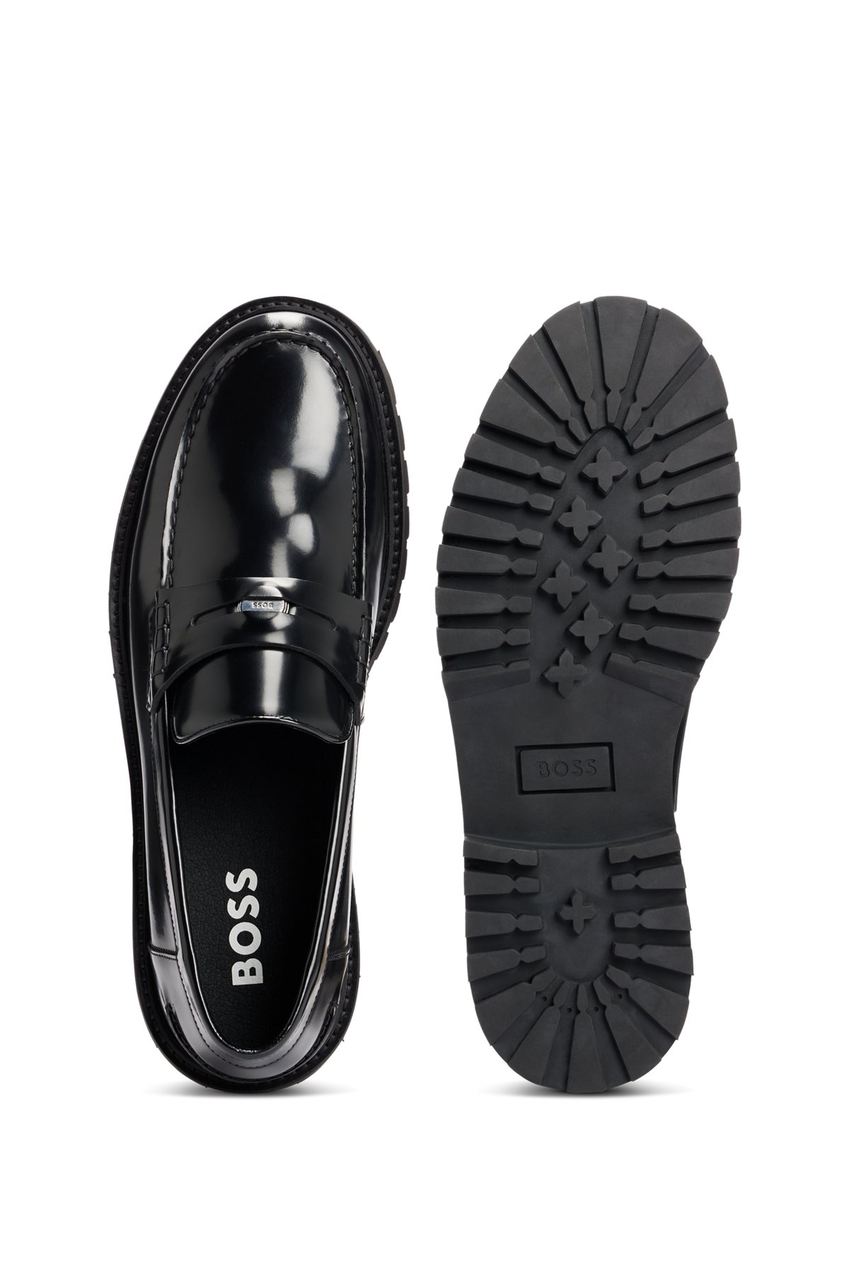 Leather moccasins with branded penny trim, Black