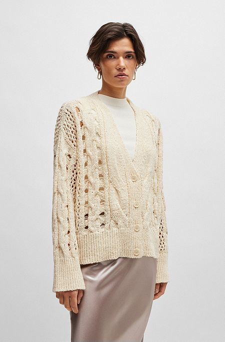 Cable-knit cardigan in a cotton blend, Light Beige