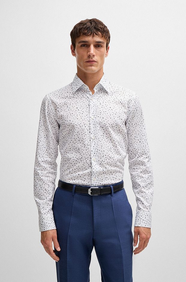 Slim-fit shirt in floral-print cotton dobby, Light Blue