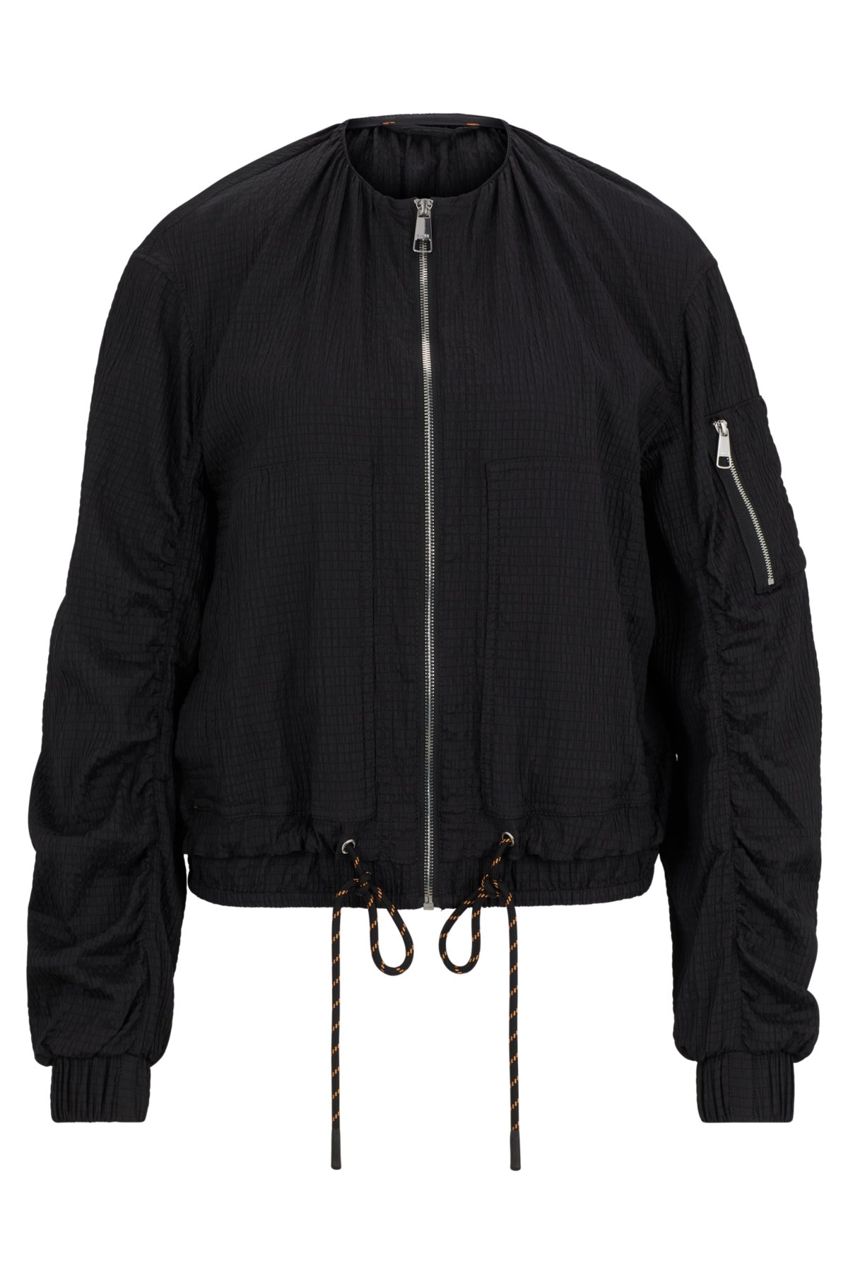 Regular-fit zip-closure jacket with patterned drawcord, Black